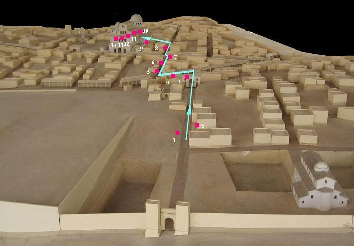 Model of the Byzantine city, with the Via Delarosa path in blue.