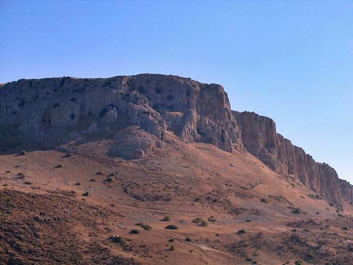 View of the Arbel cliffs from the sea of Galilee, near Magdala.