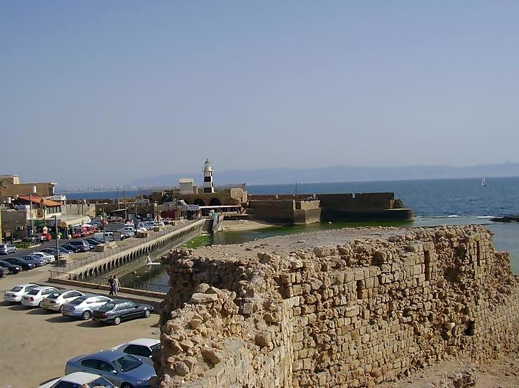 View on the south-western corner of the old city of Acre, with its lighthouse