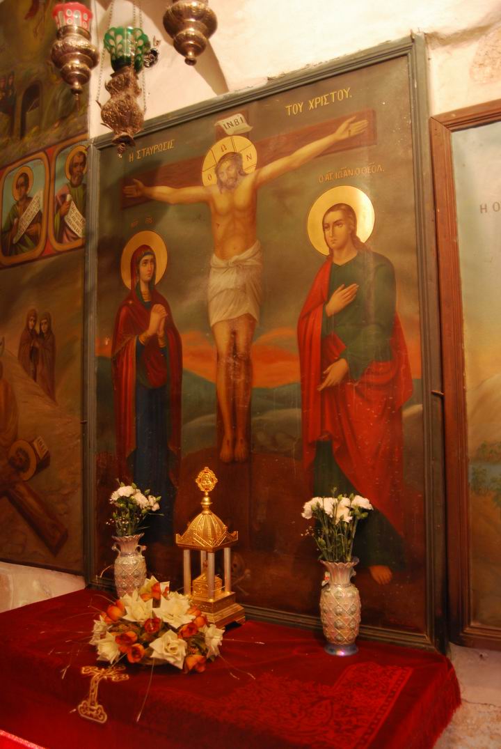 Jesus on the wooden cross built with the Holy Tree; Mary & Mary witness