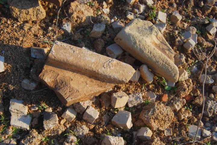 Shavey Zion: Byzantine church - fragments of tiles and mosaic stones