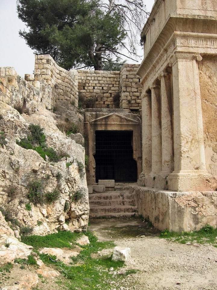 Yad Avshalom - Tomb of Absalom. A view from the Kidron valley side looking on the north side. In the back - the tombs of King Joshafat.