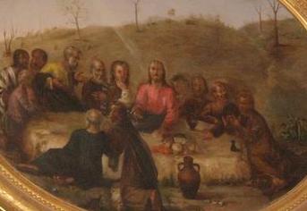 Detail of the painting of the scene of the meal of the risen christ with his amazed disciples